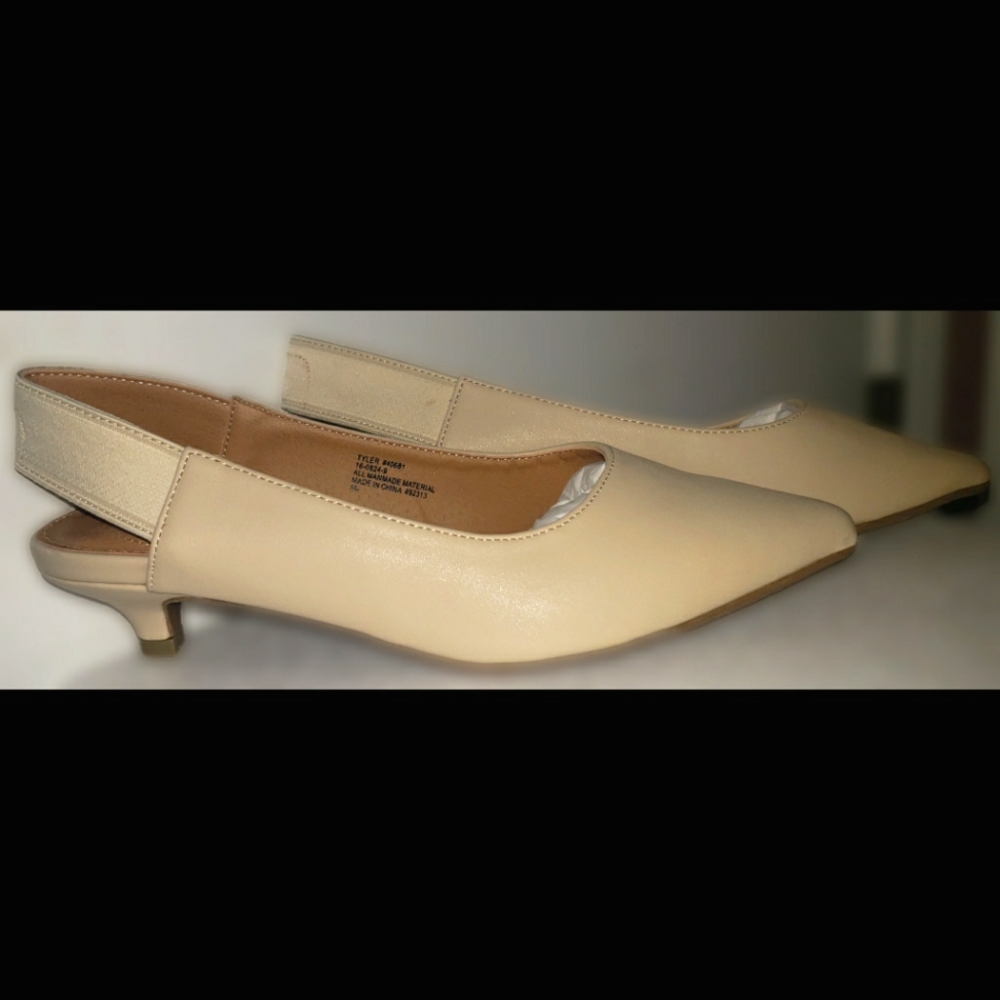 Neutral, kitten-heel slingback shoes size 8
